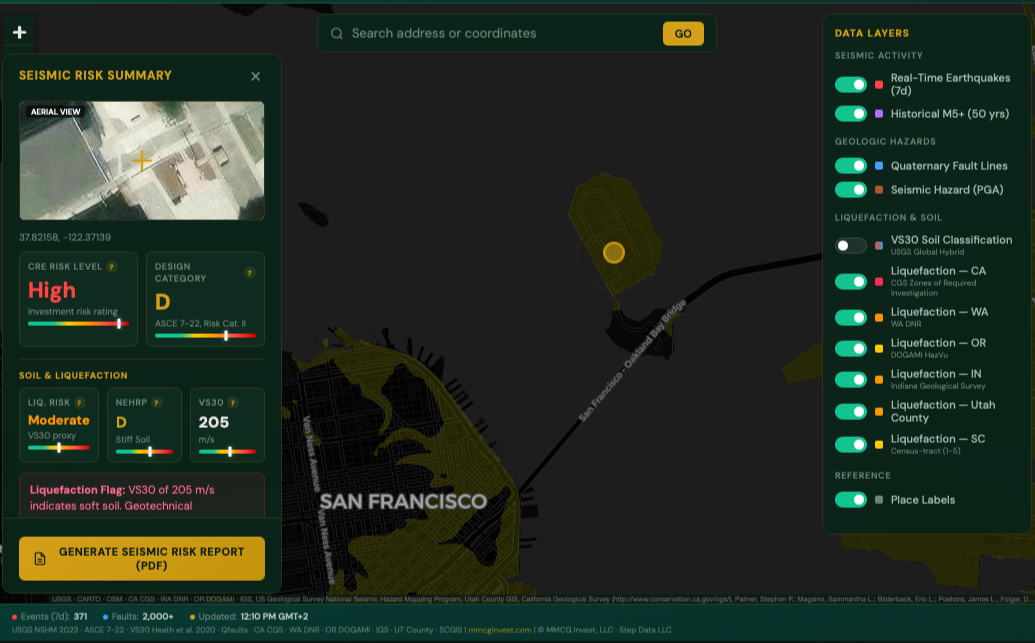 MMCG U.S. Seismic Hazard and Earthquake Risk Map, deployed interactive tool showing the San Francisco Bay Area with liquefaction zones, real-time earthquake events and a seismic risk report panel