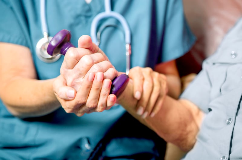 Modern hospital scene with doctor and patient in a clinical setting.