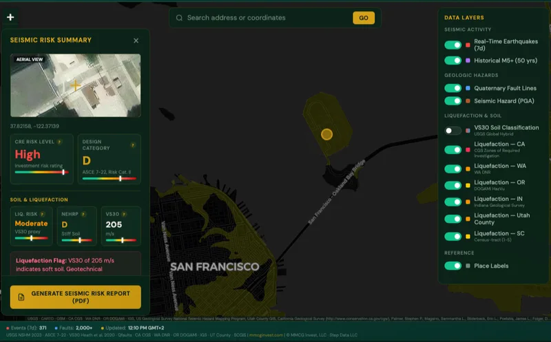 MMCG U.S. Seismic Hazard and Earthquake Risk Map, deployed interactive tool showing the San Francisco Bay Area with liquefaction zones, real-time earthquake events and a seismic risk report panel