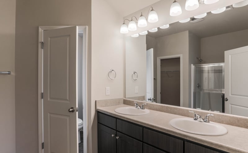 A bathroom in a suburban single-family home, with a double-sink vanity under a long mirror and vanity lights, dark cabinets, and an open door to a walk-in closet with a glass shower beyond.